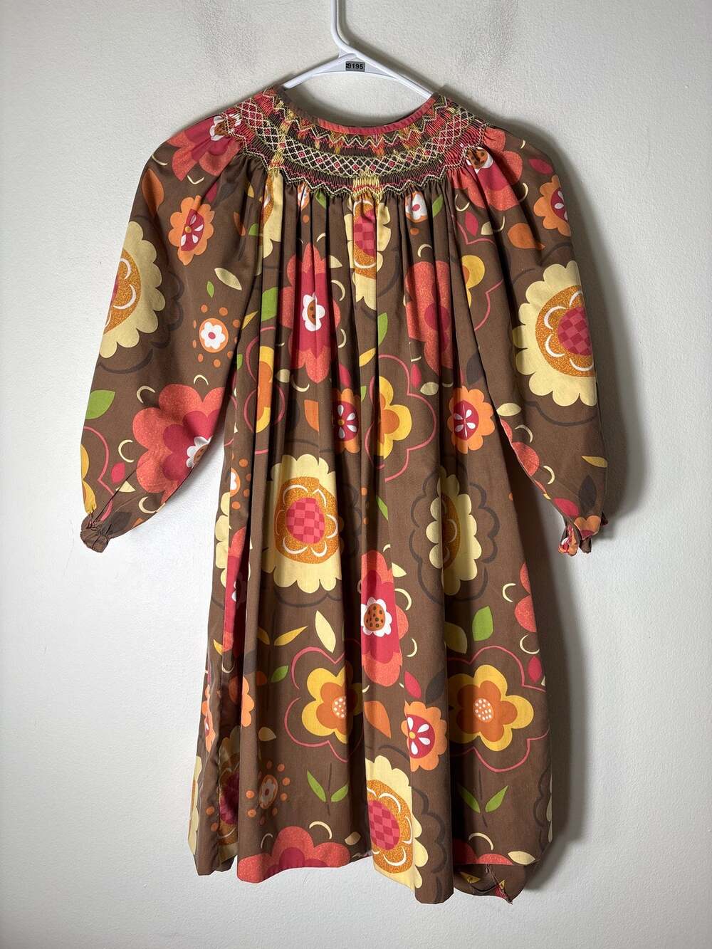 Girls Vintage Le'Za Me Brown, Red,Orange&Yellow Smocked Long SLeeve Dress Sz 7